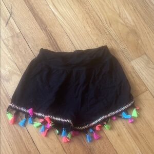 Random Hearts Kids Black Shorts with rainbow fringe at the bottom size 6